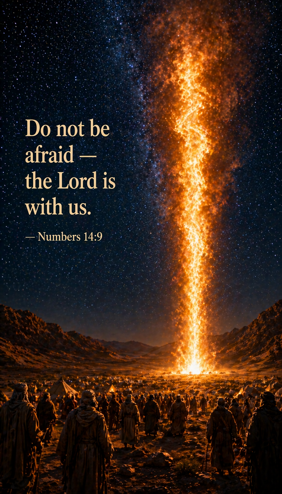 Massive pillar of fire rising from desert floor crowd of Israelites watching at base dramatic night sky text top left -- Numbers 14:9 do not fear vertical wallpaper